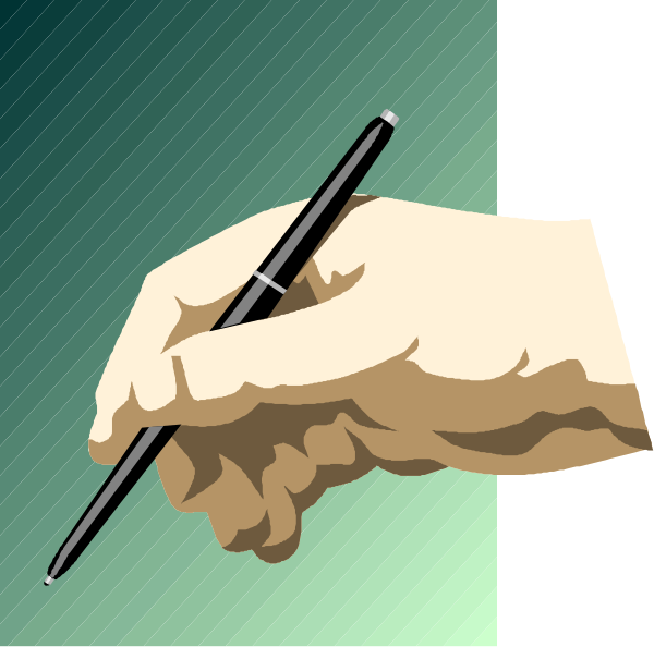 The image shows a hand holding an ink pen over paper with green background.