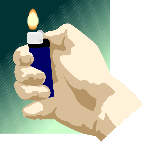The image shows a hand holding an open lighter with a lit flame next to it is blue cigarette case.