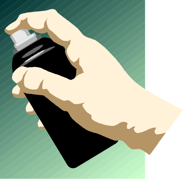 The image shows a hand holding an open bottle of spray paint with its nozzle pointed towards it; there is another similar closed bottle in front of this one on what appears to be a green surface against a dark background, and both bottles have white caps.