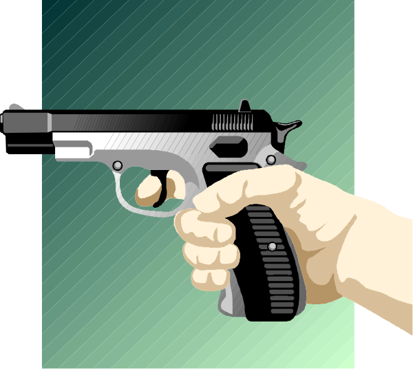 The image shows a hand holding two guns with their barrels pointing upwards against a green background.