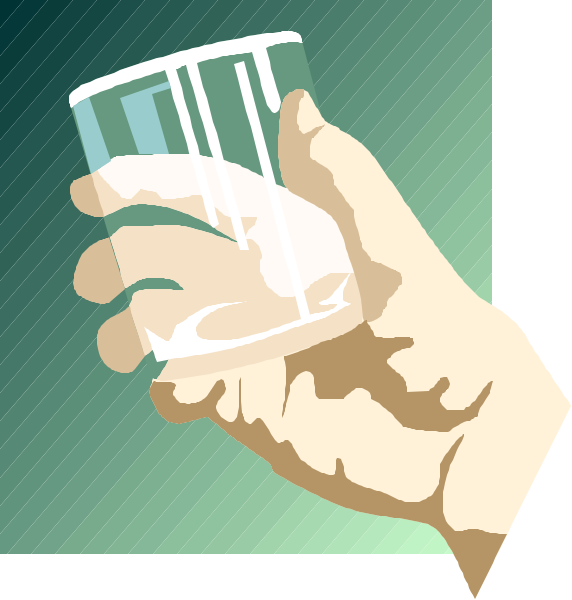 The image shows a hand holding up an empty glass to its face as if drinking from it against a green background with white lines forming geometric shapes in each corner of the frame.