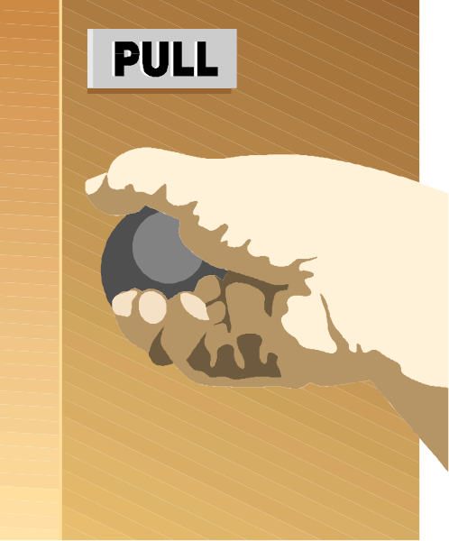 The image shows a hand holding an object that resembles a ball with two fingers on top of it against a backdrop featuring what appears to be a door frame in shades of brown and orange.