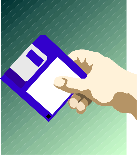 The image shows a hand holding an open floppy disk with data on it against a green background; there is no text present in this clip-art illustration.