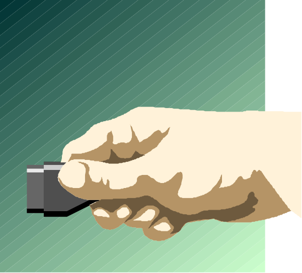 The image shows a hand holding an object that resembles a remote control with buttons on it against a green background.