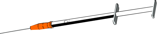 The image shows a pair of scissors with orange handles on top of what appears to be an object that resembles a gun barrel in black coloring against a gray background.