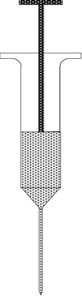 The image shows a syringe with two needles pointing outwards from either end of its barrel, which is set against an abstract background that appears to be made up of black lines on a white surface.