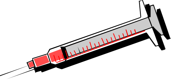 The image shows a syringe with red liquid inside it on top of what appears to be an injection site graphic.