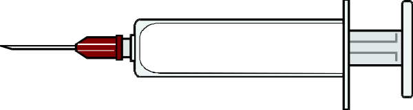 The image shows a syringe with red liquid inside it against a gray background.