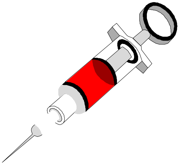 The illustration shows a syringe with red liquid inside it on top of what appears to be an injection device that is attached by tubing to another object which could possibly represent a patient's body part like an arm, but without more context this cannot be confirmed.