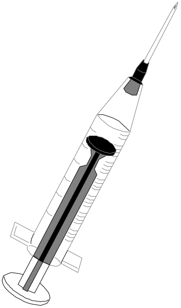 The black and white illustration shows a syringe with an attached needle on top of it next to what appears to be vials labeled "COVID-19 Vaccine" in a medical context.
