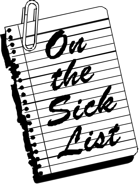 The black and white illustration shows a notebook with writing on it that says "On the Sick List," placed next to an open clipboard labeled as such in bold letters atop its pages.