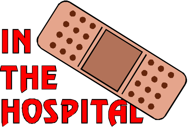 The image features a graphic with text that reads "Injured at the Hospital" accompanied by an illustration of bandages on top of each other in front of which is a small red cross symbolizing first aid, and below it there's another smaller depiction showing what appears to be blood.
