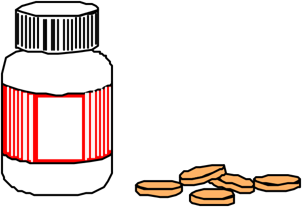 The image shows two bottles of medication with labels on them next to a pile of pills; there is no text present within this small clip-art illustration.