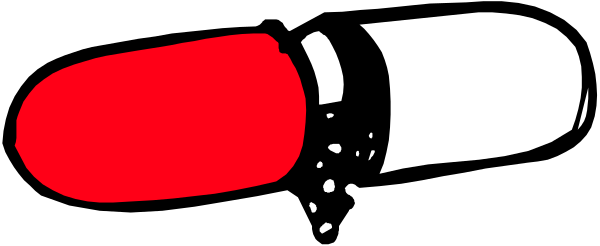 The image shows a red pill with white spots next to it on its left side is an object that resembles a cigarette lighter in color black and silver.