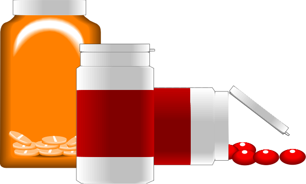 The image shows a collection of items on a table: two bottles with pills inside them; an open jar filled with red capsules next to it is another bottle labeled "pills" in white text against orange background, and there's also a small container that appears to be holding something yellowish.