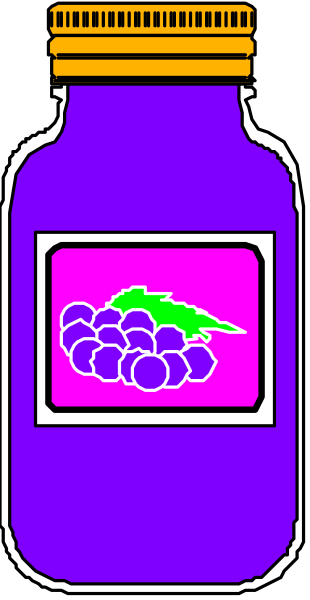 The image shows a purple bottle with an orange label featuring grapes on it against a gray background; there is no text present in this clip-art illustration.