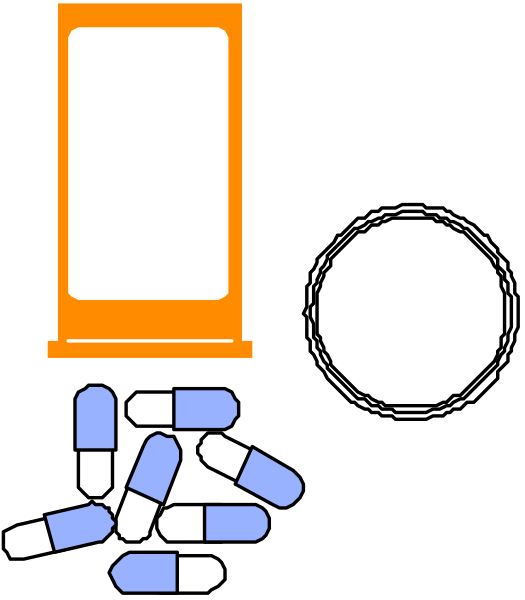 The image shows a collection of items related to medication: pills on top left corner; an orange pill bottle with white label in center right; two blue capsules next to it; a small round magnifying glass above and slightly overlapping the caplets, indicating examination or inspection; all set against black background.