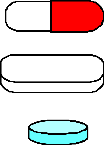 The image shows a collection of four pills with different shapes on top of each other against a black background; there is also an icon representing medication in blue at bottom left corner.