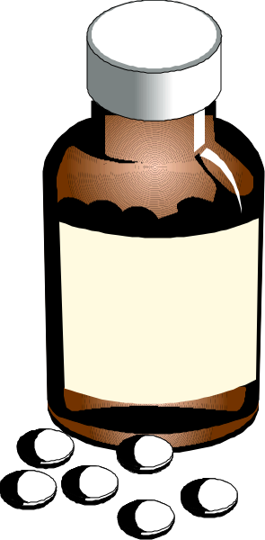 The image shows a bottle of pills with an open cap next to it on what appears to be a tabletop surface; there is also some text visible in the background that reads "Pills."