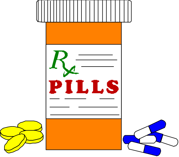 The image shows a bottle of pills with "Pills" written on it next to an open pill container containing multiple white capsules; there is also text that reads "Rx Pill Bottle."
