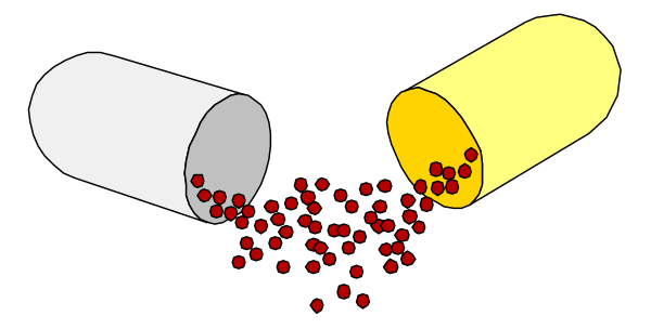 The image shows two pills with a spill of red capsules on top of them against a black background.