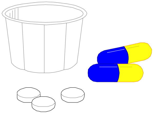 The image shows a collection of items on a dark background: two pills with blue caps next to each other; an open white plastic container filled with small round tablets that appear similar in size but may have different markings, suggesting medication; and three yellowish-brown cylindrical objects resembling vitamins or supplements.