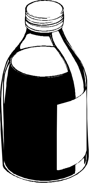 The black and white illustration shows a bottle of soda with two labels on it against a dark background.