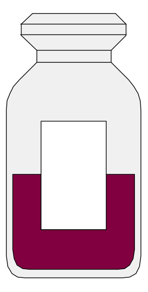The image shows a bottle with two compartments filled with different colored liquids against a black background.
