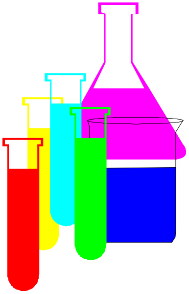 The image shows a collection of colorful beakers with different colored liquids inside them against a black background on the left side; there is also an empty flask in front of these beakers that has no liquid, and it appears to have been recently used or emptied due to its open state.
