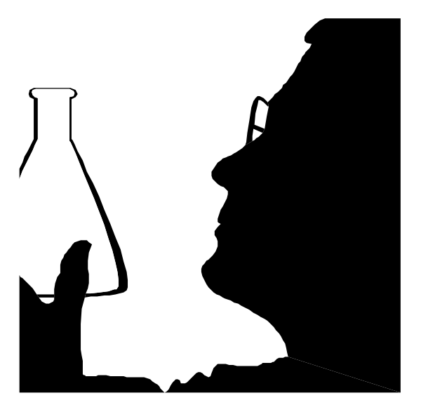 The black background features a white silhouette of an open bottle with no label on it to its right side.