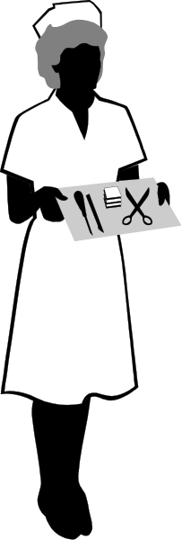 The image shows a black and white silhouette of an elderly woman holding scissors with her right hand while standing in front of what appears to be a countertop; she is wearing glasses on top of her head, has short hair, and wears a dress that reaches down past the waist.