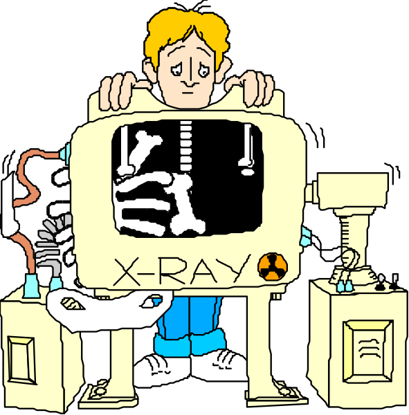 The cartoon shows a man standing next to an X-ray machine with his arms inside it while looking surprised at something outside of frame; he is wearing blue jeans and has short hair.
