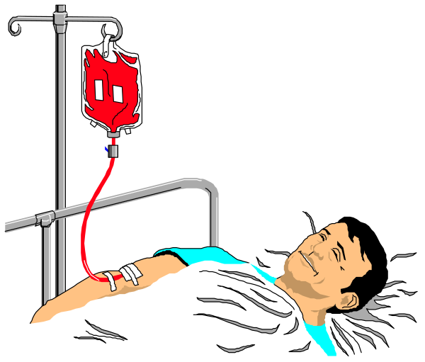 The cartoon shows a man lying on an operating table with his head resting on pillows while hooked up to medical equipment including IVs connected by tubes from both arms; he is wearing hospital attire, and there's another person standing at foot of bed holding what appears to be a syringe.