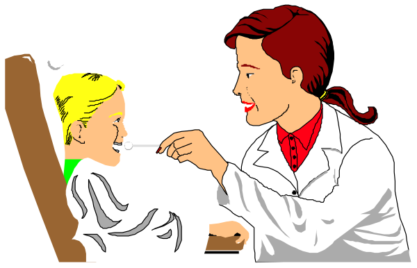 The illustration depicts a woman with blonde hair wearing glasses standing next to an adult male patient who is lying down in bed while holding his nose closed over one nostril. She appears to be examining him closely, possibly checking for congestion or other issues related to nasal health.