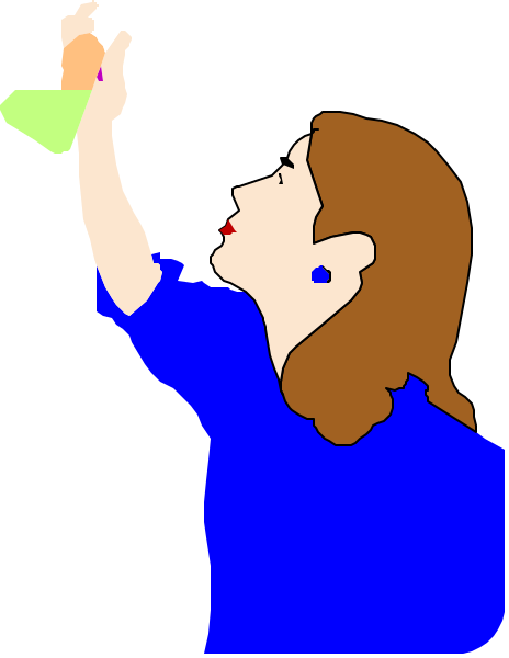 The image shows a cartoon of an adult woman with brown hair holding up her hand to touch something above it while looking down at what she's touching; there is no text present in this clip-art illustration, and all elements within the frame contribute to depicting one scene without any additional context.