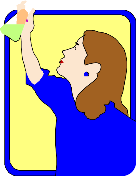 The image shows a woman with brown hair holding up her hand to scratch an itch on her head while standing next to a blue square background.