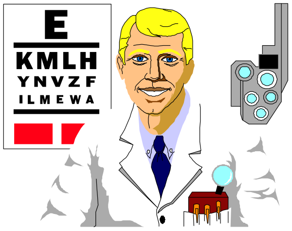 The image shows a cartoon of an ophthalmologist standing next to various pieces of medical equipment with his eyes closed in concentration while wearing glasses on top of his head; he is surrounded by optical charts, and there's text that reads "Eye Chart" at the bottom right corner.