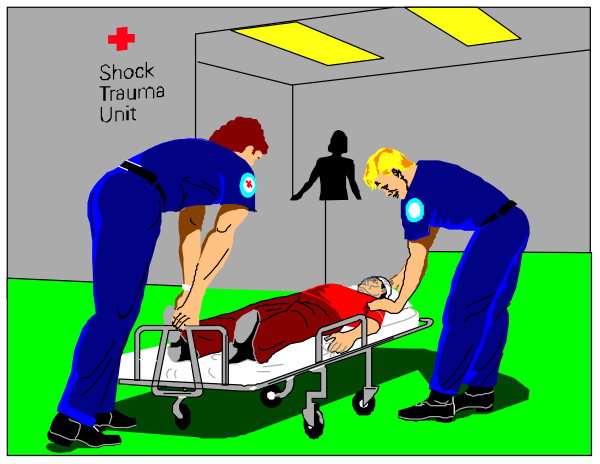 The comic strip shows a scene where two paramedics attend to an injured person lying on a stretcher inside what appears to be an ambulance. One of them is holding onto their partner's arm, possibly for support during this emergency situation.