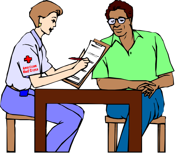 The illustration depicts a scene where two individuals appear to be engaged in an interaction at what seems like a medical facility; one person is seated on a chair while holding papers that may indicate some form of documentation, and another individual stands nearby with their hand resting lightly upon them as they look towards the first. Both are dressed casually but wear name tags suggesting professional roles within this setting—the standing figure's tag reads "AMERICAN RED CROSS" indicating a connection to emergency medical services or disaster relief efforts, while that of the seated individual is not fully visible in the