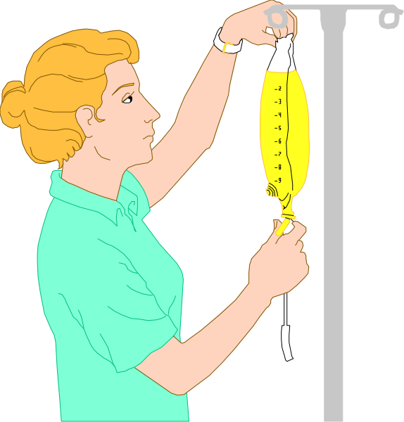 The illustration shows a woman holding an IV bag with both hands while standing next to what appears to be medical equipment such as a drip stand; she is wearing a light blue shirt and has short hair tied back, suggesting that this could represent healthcare professionals in their work environment.