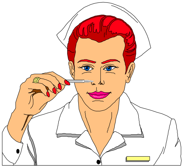 The illustration depicts a nurse applying lipstick while looking into her compact mirror; she is wearing white scrubs with yellow trimming around them.