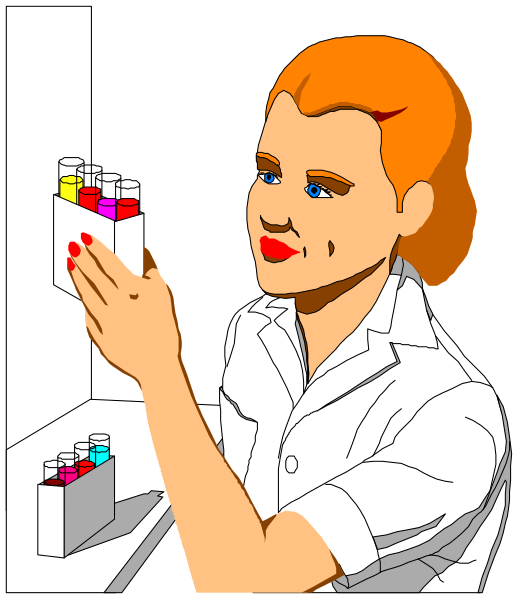 The illustration shows a woman with red hair wearing glasses standing at an information desk holding up two pamphlets to show their contents while looking intently into one of them; she is dressed in white attire, and there's another person partially visible behind her who appears to be examining the same material.