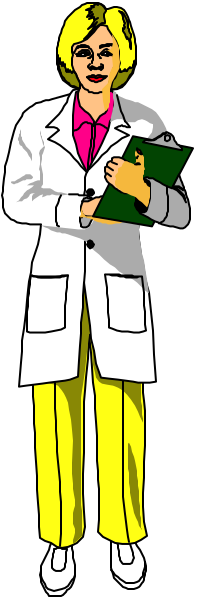 The illustration shows a woman dressed as a nurse standing against a black background with her hands clasped together over what appears to be papers in front of her; she is wearing yellow pants and holding a clipboard, suggesting that this might represent an educational setting related to healthcare or nursing education.