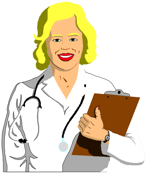 The illustration shows a female nurse with blonde hair wearing glasses holding an open folder labeled "Patient Records" while standing in front of what appears to be medical equipment; she is smiling at something off-frame, and there's no text present.