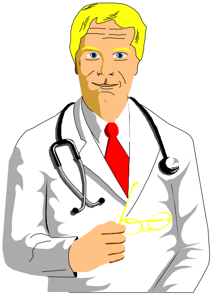 The illustration depicts a man dressed as a doctor with glasses on his shirt pocket standing next to an iconic stethoscope symbolizing medical care; he is smiling at something off-frame while wearing white lab coat and red tie, set against black background.