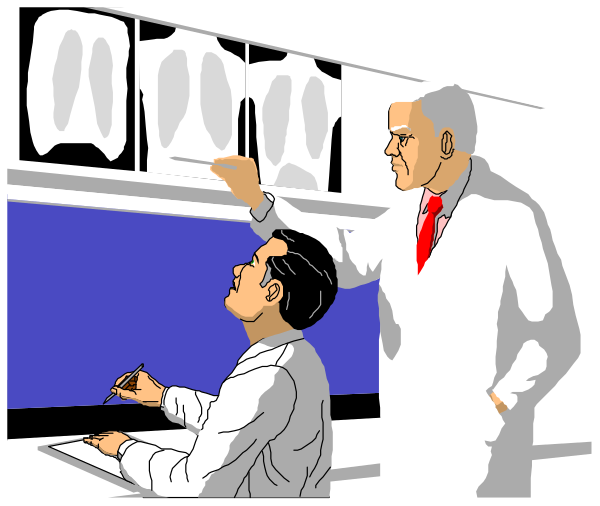 The illustration depicts a man standing at an information desk with various displays behind him; he is gesturing towards something on one of these screens while another person sits nearby writing in a notebook.