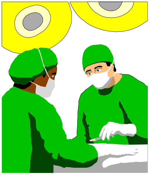 The image shows two surgeons wearing surgical gowns with masks on their faces standing at a table inside an operating room during what appears to be surgery preparation.