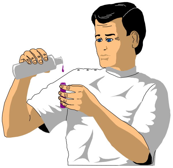The image shows a man standing at an outdoor sink with soap bubbles around him; he is pouring liquid from his hand into another bottle while looking downward.