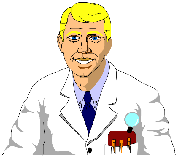The image shows a cartoon of an animated man dressed as a scientist with white hair standing behind a desk labeled "science" in what appears to be a laboratory environment. He is wearing glasses and has his hands on top of some papers, suggesting he might have been interrupted or called upon for something important during the experimentation process. The background features various scientific equipment such as test tubes, microscopes, and flasks that are typical elements found in laboratories to conduct experiments and research.