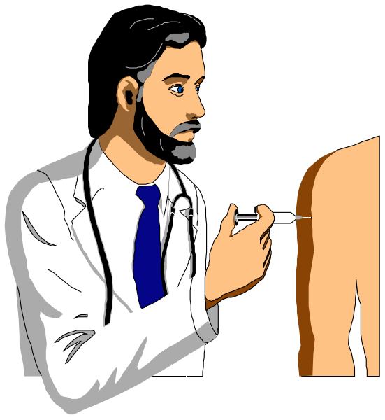 The illustration depicts a male doctor with beard wearing white coat standing next to an animated human figure that is being injected by him using syringe in his hand while he looks at it attentively from behind, set against plain background without any distinguishable features or setting details visible.